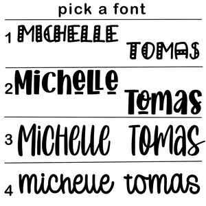 May include: Image showing font choices for "Michelle" and "Tomas". Four distinct font styles are displayed, each with a unique design. The text "pick a font" is at the top of the image.