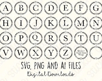 Modern Initial Heart Wreath | SVG, PNG and Ai Cut Files | Hand Drawn | Cricut, Silhouette and Cameo  | Instant Digital Download Vector Icon