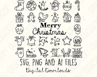 Christmas Icons | SVG, PNG and Ai Cut Files | Hand Drawn Icon | Cricut, Silhouette and Cameo  | Instant Digital Download Vector Drawings DIY