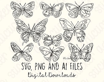 Single Line Butterfly Drawing | SVG, PNG and Ai Cut Files | Monoline Hand Drawn Icon | Cricut, Silhouette and Cameo | One Line Vector Icons