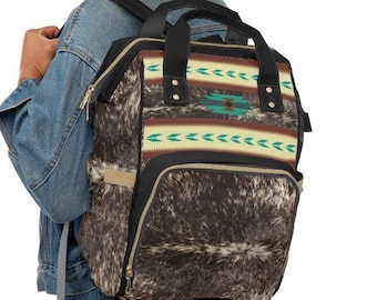 Western Rindsleder Rucksack, Windeltasche mit Rindslederimitat Druck, Boho Tribal Babytasche, Kuh Print Rucksack, südwestliche Reisetasche, Cowgirl Rucksack