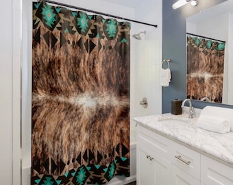 Western cowhide print Shower Curtain , southwestern bath curtain , boho tribal bathroom curtain , country cowboy western bathroom decor