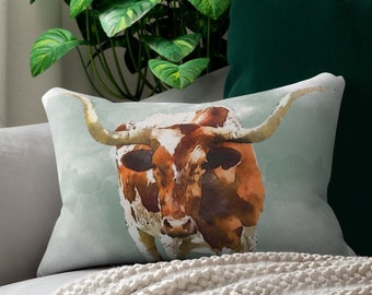 Longhorn farmhouse throw pillow | western longhorn lumbar pillow | farm cattle accent pillow | cowboy western home decor | pillow & cover