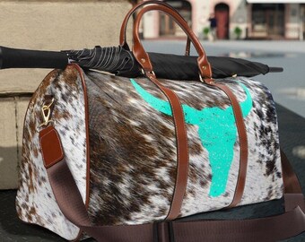 Cowhide Print Travel Bag, faux cowhide duffel bag, cowgir western overnight bag, southwestern Texas longhorn weekender bag,  shoulder bag