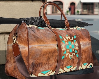 western boho travel bag | faux cowhide print  bag | southwestern duffle bag | leather weekender bag | cowhide luggage | shoulder bag