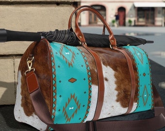 Cowhide Print Travel Bag | western faux cowhide duffel bag | southwestern leather shoulder bag | girls overnight bag | weekender bag