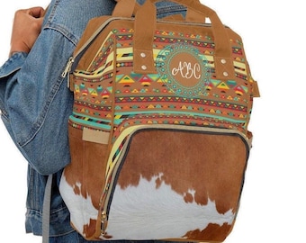 Personalized Faux Cowhide diaper backpack, monogrammed baby bag, cowhide print backpack, customized southwestern travel bag , cowgirl bag