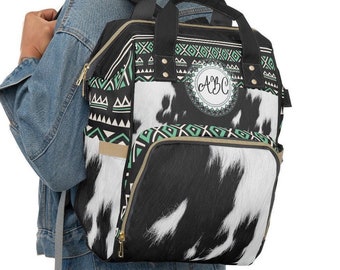 Personalized Cowhide Print Backpack, monogrammed boho western backpack, cowgirl diaper bag, southwestern travel bag, customized backpack