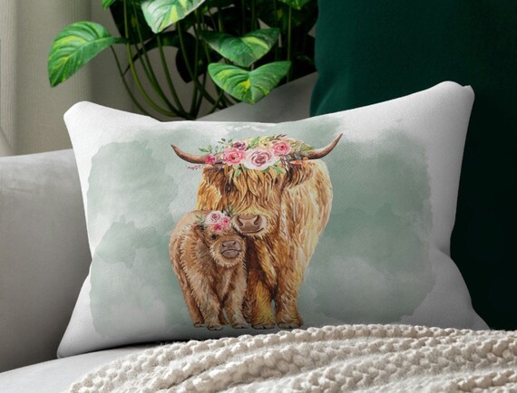 Cow print throw pillow, western highland cow pillow, baby calf & cow pillow, farmhouse home decor, nursery decor, decorative accent pillow