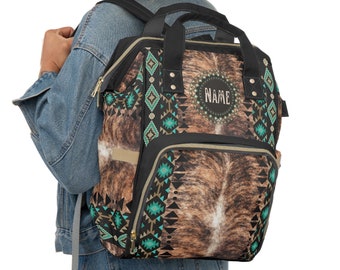 Zaino per pannolini con stampa in pelle di vacchetta monogramma, borsa per bambini personalizzata occidentale, borsa per pannolini del sud-ovest, zaino personalizzato, borsa da cowgirl