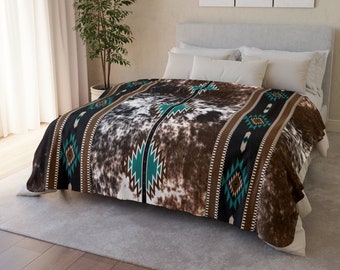 Manta de sherpa polar con estampado de piel de vaca occidental, manta bohemia del suroeste, manta con acento tribal indio, decoración del hogar estilo rancho, vaquera