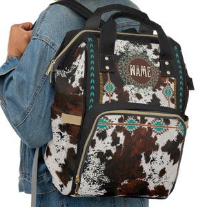 Personalized Cowhide Print Diaper Backpack | custom cow print baby bag | southwestern travel bag | monogrammed backpack | cowgirl bag