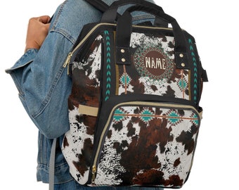 Personalized Cowhide Print Diaper Backpack | custom cow print baby bag | southwestern travel bag | monogrammed backpack | cowgirl bag