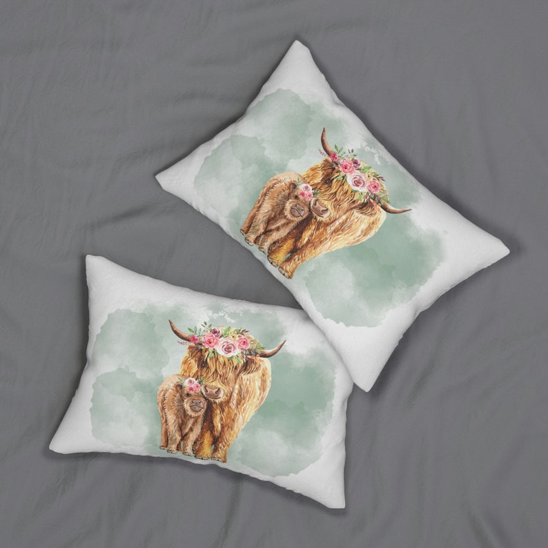 Cow print throw pillow, western highland cow pillow, baby calf & cow pillow, farmhouse home decor, nursery decor, decorative accent pillow image 3