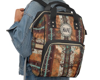 Zaino per pannolini personalizzato con stampa in pelle di mucca / Borsa da viaggio in stile boho sud-occidentale