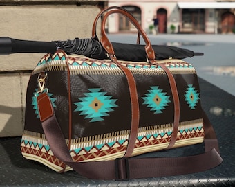 Southwestern Travel Bag | boho western duffel bag | Navajo Indian overnight bag | tribal Aztec weekender bag | girls leather luggage bag