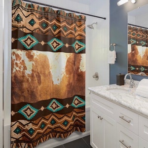 Western Cowhide Print Shower Curtain | southwestern bath curtain | boho tribal shower curtain | western bathroom decor | cowboy style