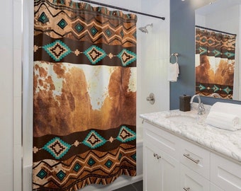 Western Cowhide Print Shower Curtain | southwestern bath curtain | boho tribal shower curtain | western bathroom decor | cowboy style