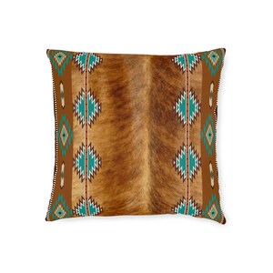 Western faux cowhide Square Pillow, cow hide print throw pillow, southwestern accent pillow, Navajo tribal pillow, western home decor, boho 18" × 18"
