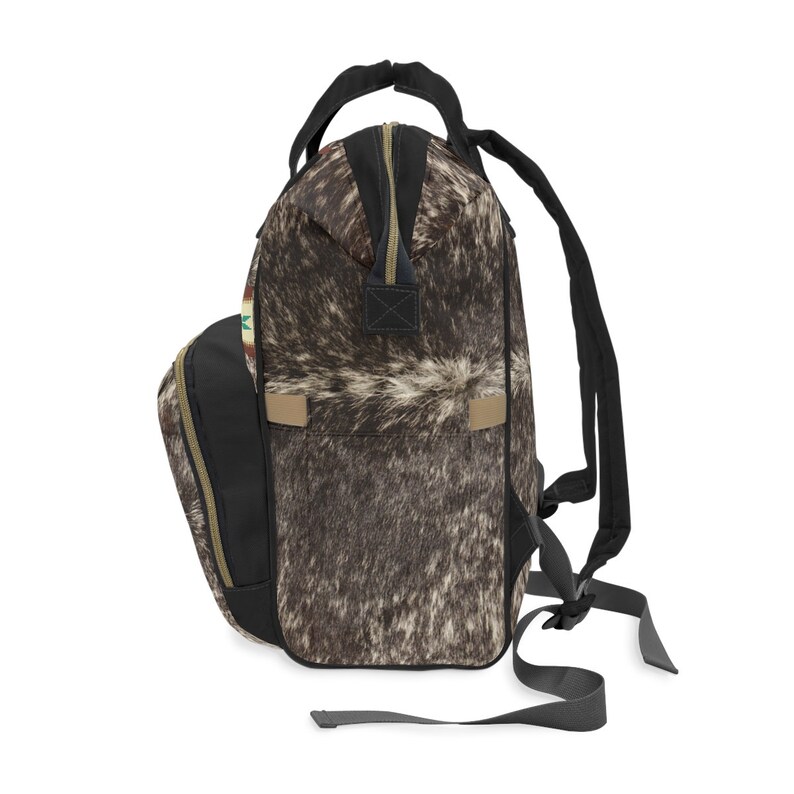 Western cowhide backpack, faux cowhide print diaper bag, boho tribal baby bag, cow print backpack, southwestern travel bag, cowgirl backpack image 5