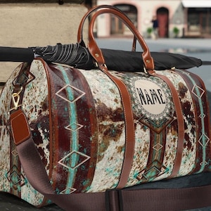 Personalized Western Cowgirl Travel Bag | cowhide print duffel bag | boho cowboy tote | weekender bag | girls overnight bag | shoulder bag