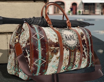 Personalized Western Cowgirl Travel Bag | cowhide print duffel bag | boho cowboy tote | weekender bag | girls overnight bag | shoulder bag