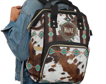 Zaino per pannolini personalizzato con stampa in pelle di mucca / Borsa per neonati Western