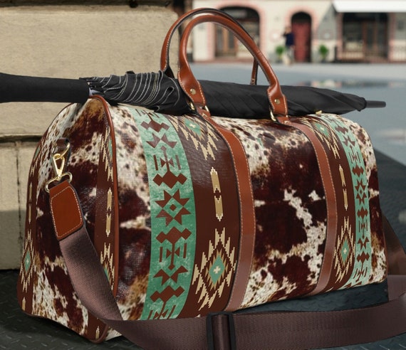 Western Cowhide Printed Travel Bag Faux Cow Hide Duffel Bag