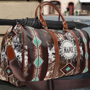 Bolsa de viaje vaquera occidental personalizada, bolsa de lona con estampado de piel de vaca, bolso de mano vaquero bohemio, bolso de fin de semana, bolso de noche para niñas, bolso de hombro personalizado