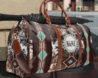 Personalized Western Cowgirl Travel Bag, cowhide print duffel bag, boho cowboy tote, weekender bag, girls overnight bag, custom shoulder bag