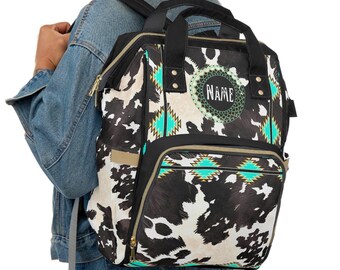 Personlig blöjryggsäck med kohudtryck | western cowgirl-babyväska | anpassad ryggsäck | sydvästlig väska | present till nybliven mamma | monogram