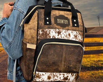 Cowhide Print Western Style Diaper Backpack, Cowboy Baby Bag, Personalized Travel tote, Distressed Leather Print, Multifunctional Diaper Bag
