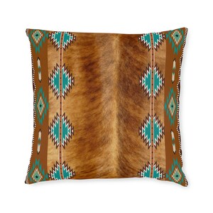 Western faux cowhide Square Pillow, cow hide print throw pillow, southwestern accent pillow, Navajo tribal pillow, western home decor, boho 22" × 22"