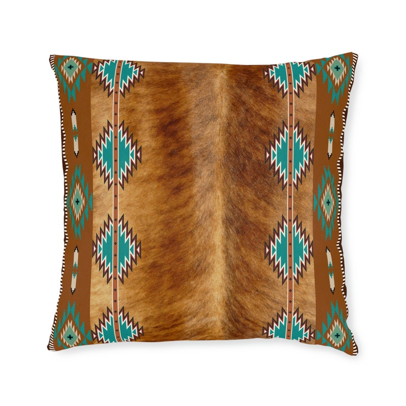 Western faux cowhide Square Pillow, cow hide print throw pillow, southwestern accent pillow, Navajo tribal pillow, western home decor, boho 22" × 22"