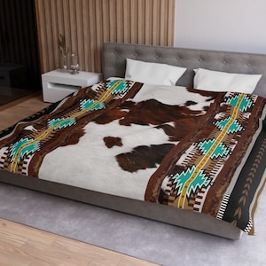 Western Cowhide Print Comforter, southwestern bedspread, boho tribal Indian bedroom comforter, cowgirl bedding, ranch style blanket