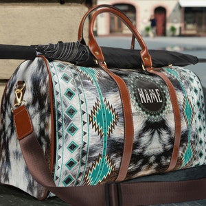 Personalized Cowhide Travel Bag | western duffel bag | southwestern weekender bag | faux cowhide luggage | girl overnight bag | cowgirl gift