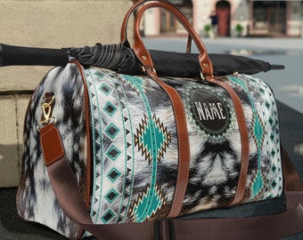 Personalized Cowhide Travel Bag | western duffel bag | southwestern weekender bag | faux cowhide luggage | girl overnight bag | cowgirl gift