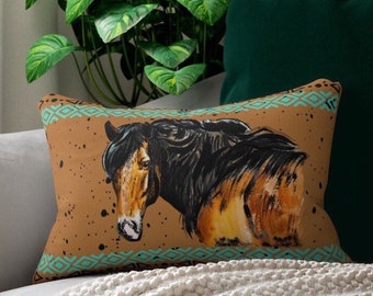 Western Horse Lumbar Pillow | tribal Indian horse throw pillow | horse ranch accent pillow | farmhouse home decor | turquoise southwestern