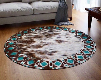 Western cowhide print round rug, faux cowhide accent rug, cow print area rug, boho southwestern rug,  ranch home decor, farmhouse decor