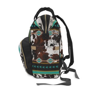 Monogrammed Cowhide Print Diaper Backpack , personalized western baby bag , Texas mom longhorn bag , southwestern cowhide backpack image 5