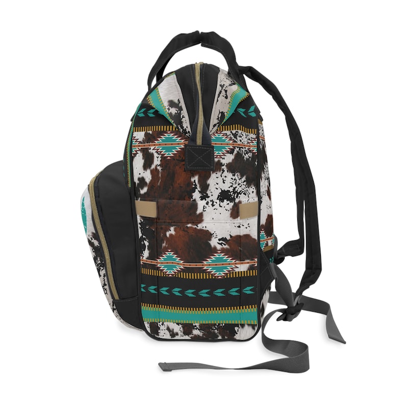 Monogrammed Cowhide Print Diaper Backpack , personalized western baby bag , Texas mom longhorn bag , southwestern cowhide backpack image 5