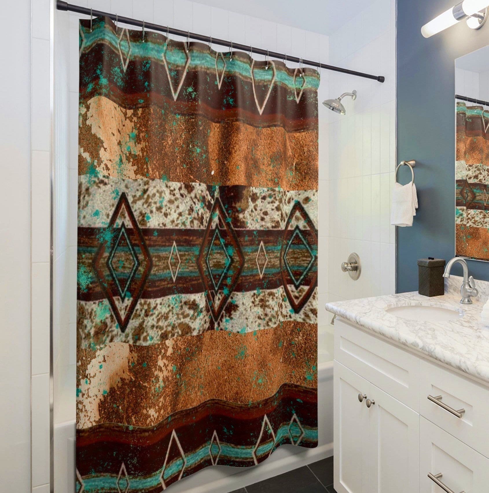 Western Cowhide Print Shower Curtain | boho southwestern style bathroom curtain | cow hide print bath curtain | western bathroom decor