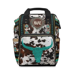 Monogrammed Cowhide Print Diaper Backpack , personalized western baby bag , Texas mom longhorn bag , southwestern cowhide backpack image 3