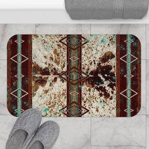 Cowhide Print Western Bath Mat | cow print southwestern bath rug | boho western bathroom rug | western bathroom decor | tribal bath rugs