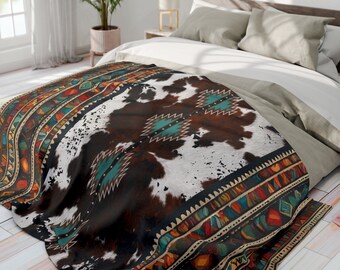 Boho västerländsk fleecefilt med kohudtryck, sydvästlig pläd, filt i konstläder, tribal indisk filt, heminredning i ranchstil