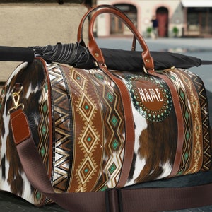 Western Cowhide Print Monogrammed Travel Bag, personalized luggage, southwestern duffel bag, cowgirl weekender tote, womens shoulder bag