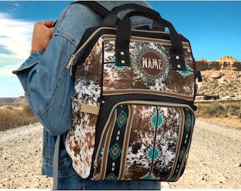 Personalized Cowhide Print Diaper Backpack | Western monogrammed baby bag | custom southwestern travel bag | new mom present | cowgirl bag