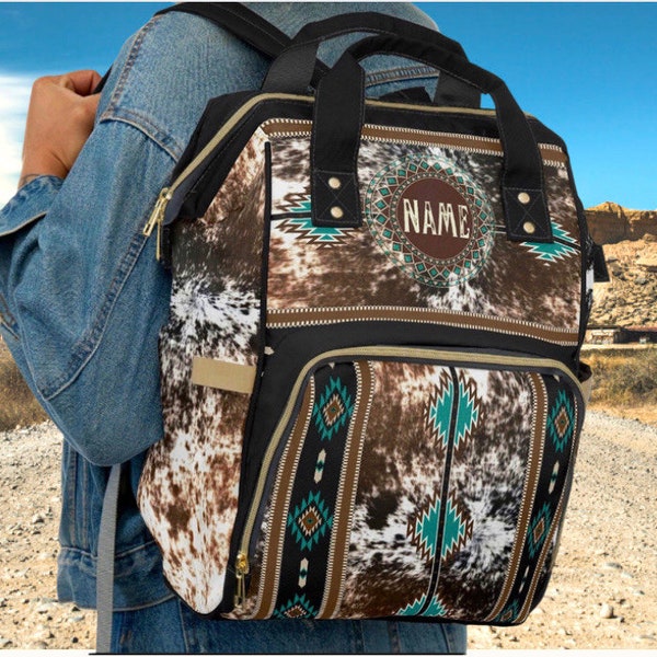 Personalized Cowhide Print Diaper Backpack | Western monogrammed baby bag | custom southwestern travel bag | new mom present | cowgirl bag