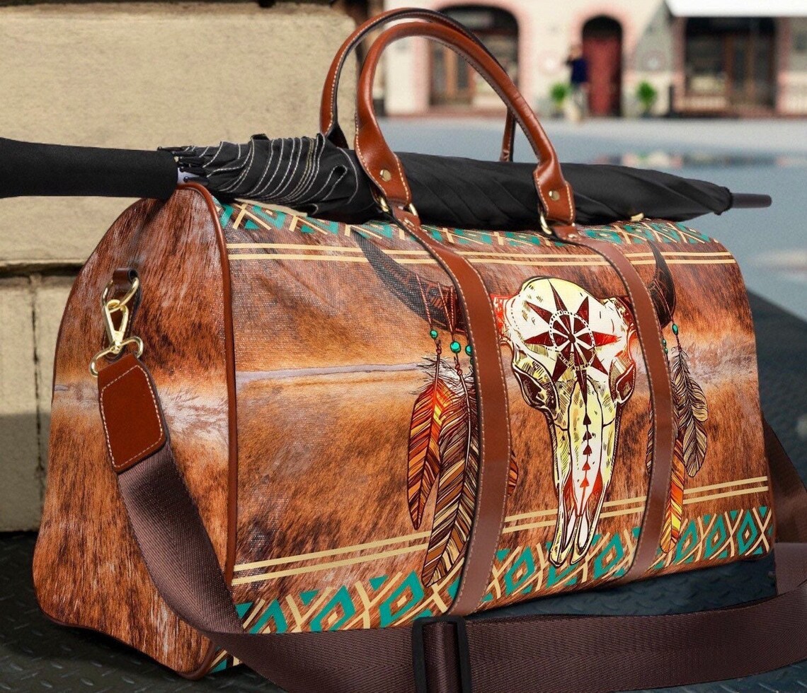 Cowhide Print Western Travel Bag Boho Tribal Indian Duffel Etsy