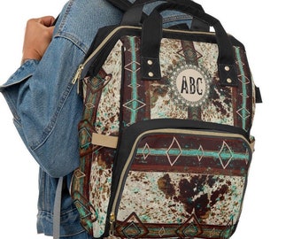 Personalized Western Diaper Backpack | boho southwestern cow print backpack | monogrammed bag | cowgirl backpack | new mom gifts